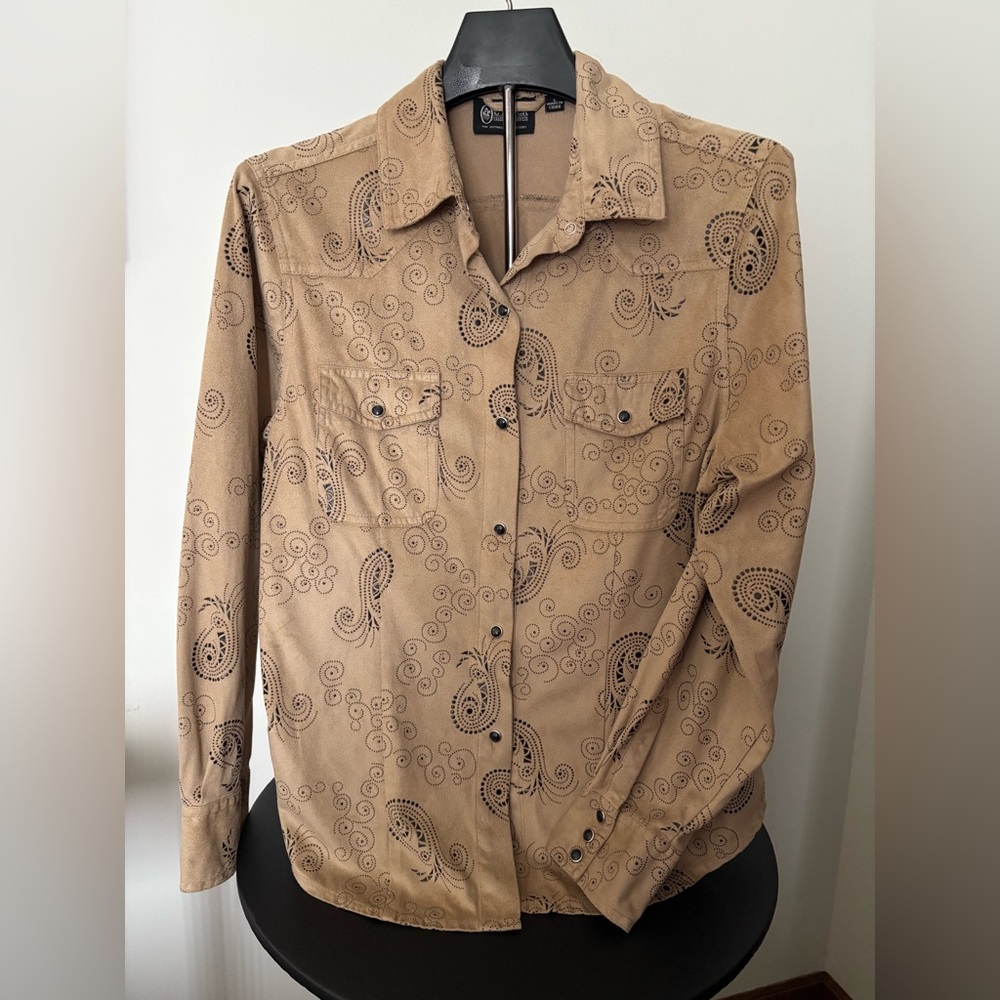 Unique Western Embossed Outback Trading Co. Onyx Jeweled Ladies Shirt Size L